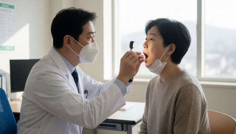의사가 환자의 입안 상태를 살펴보는 모습