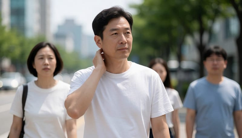 무더위 속 땀을 흘리며 팔에 두드러기가 올라온 남성