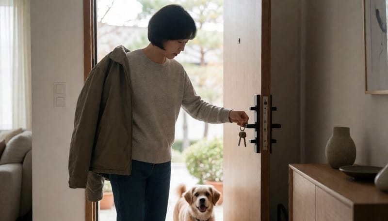 외출 준비하는 보호자를 불안하게 바라보는 강아지