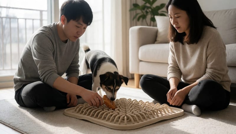 노즈워크 매트와 씹는 장난감을 가지고 노는 강아지