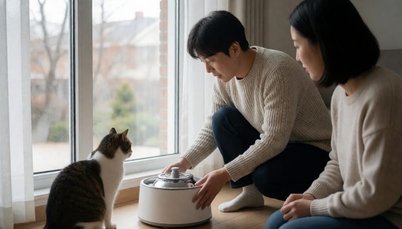 집 안에 물그릇을 놓아주는 보호자와 고양이