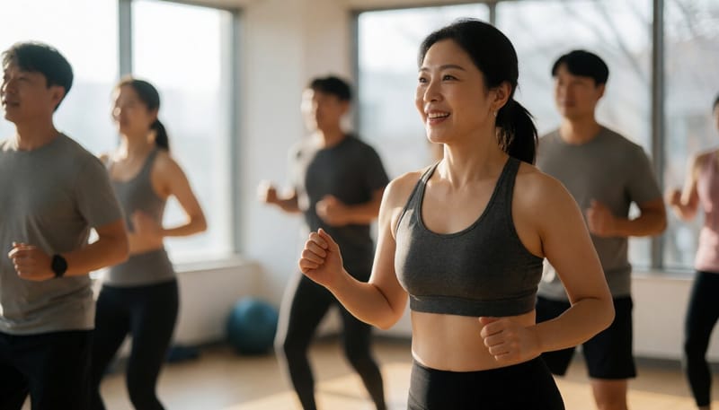 댄스핏 수업에서 즐겁게 움직이는 여성
