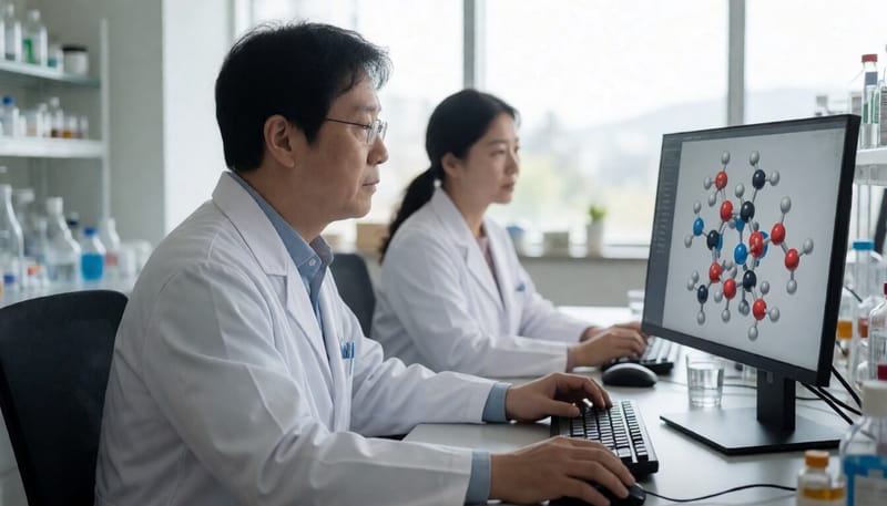 국내 제약연구소에서 연구원이 분자모델을 살펴보는 모습