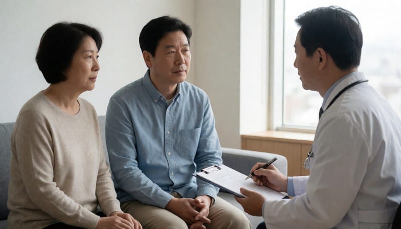 부모가 소아과 의사와 유전 상담을 받는 모습