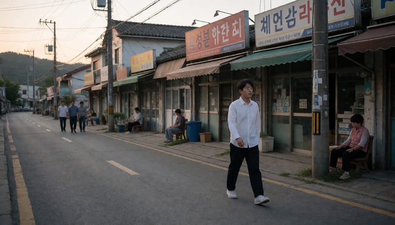 인구감소지역의 조용한 거리를 홀로 걷는 청년의 모습