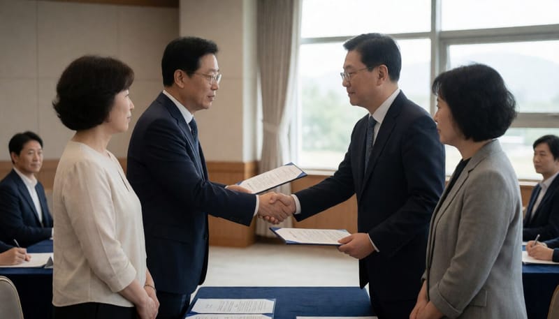 업무협약식에서 관계자들이 서명 후 악수하는 모습