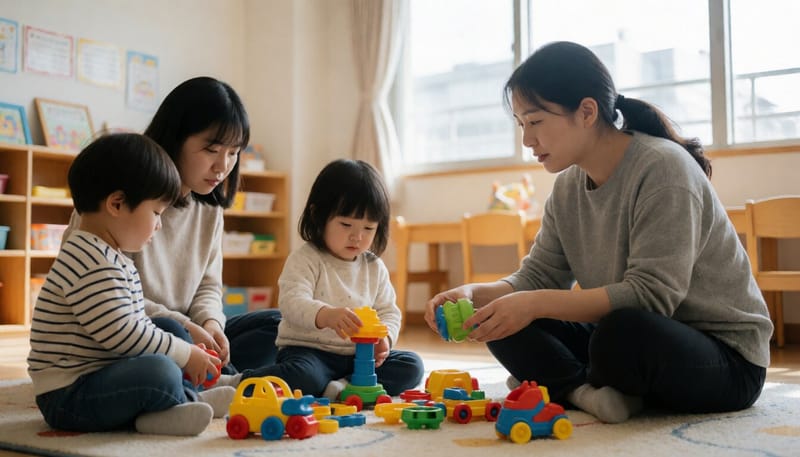어린이집에서 아이들을 살피는 교사의 모습