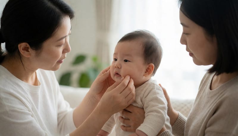 아기 얼굴을 살펴보는 엄마의 모습