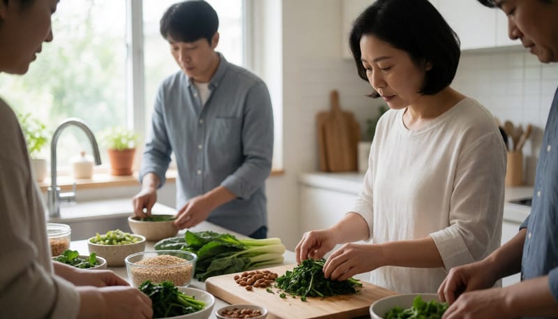 녹색 채소와 견과류로 식사를 준비하는 여성