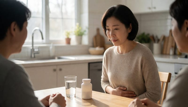영양제를 앞에 두고 배를 만지며 불편해하는 여성의 모습