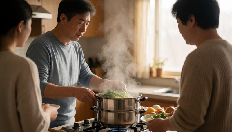채소를 찜기에 살짝 데치는 모습