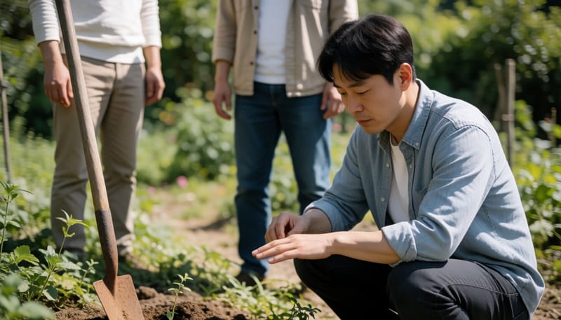 정원 작업 중 생긴 상처를 살펴보는 모습
