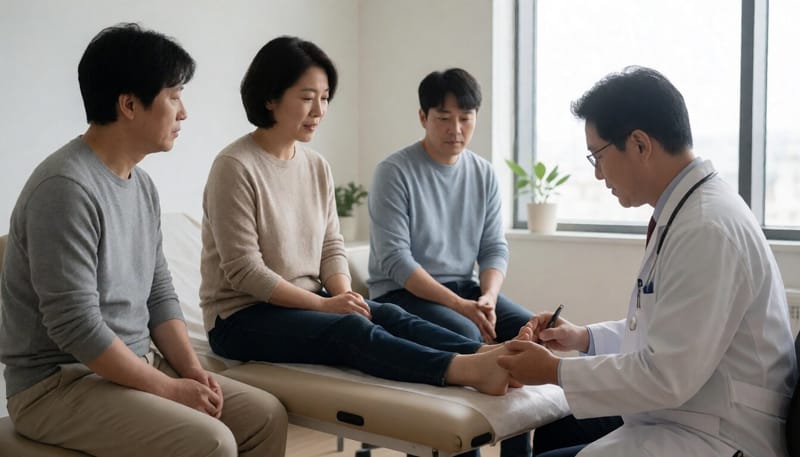 병원에서 발의 상처를 진료받는 모습