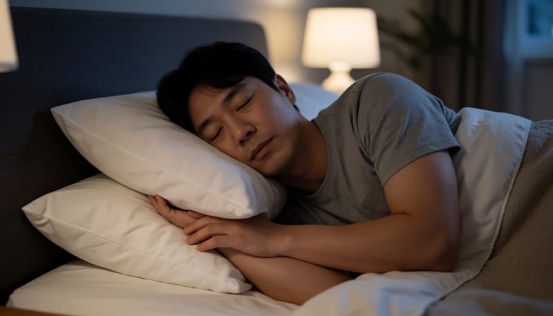 베개를 높여 상체를 세운 자세로 잠든 남성의 모습