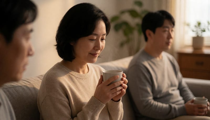 따뜻한 차를 마시며 기침을 하고 있는 여성의 모습