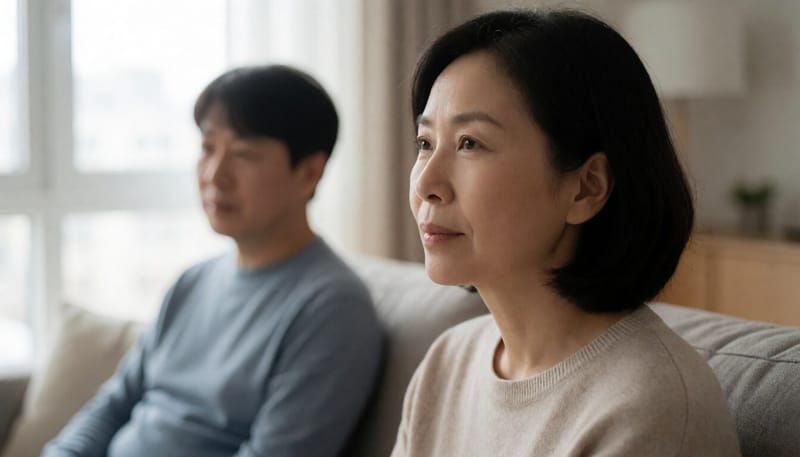 순간 멍하니 초점을 잃은 표정의 여성