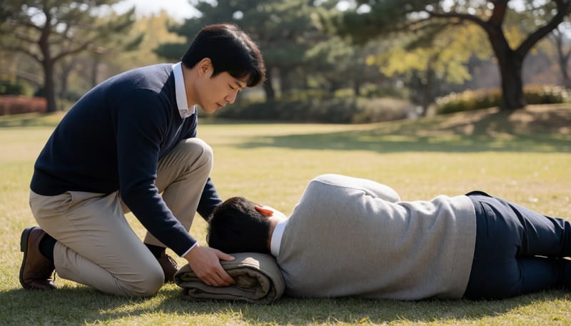 쓰러진 사람 옆에서 응급 대처를 하는 모습