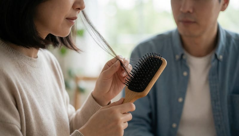 빗에 낀 머리카락을 살펴보는 모습