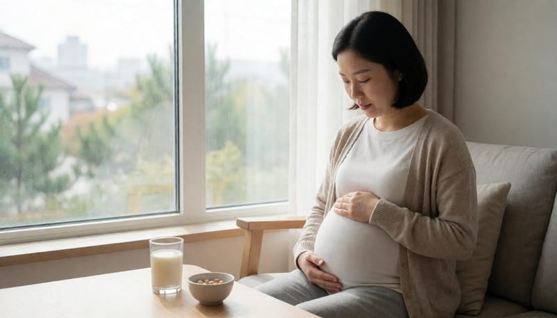 창가에 앉아 배를 쓰다듬는 임산부의 모습