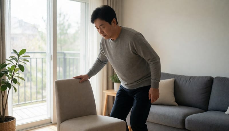 의자에서 천천히 일어나며 균형을 잡는 남성