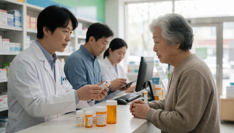 약사가 노년 환자에게 약물 복용을 설명하는 모습