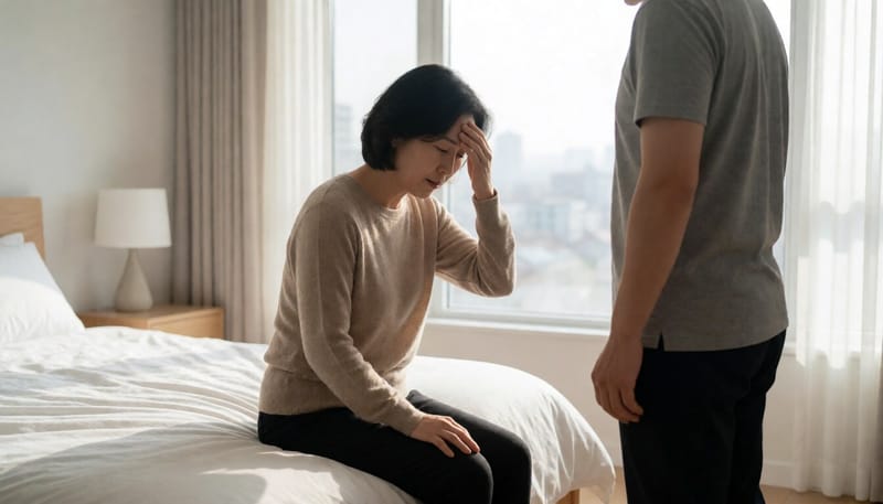 침대에 걸터앉아 잠시 어지러움을 느끼는 여성