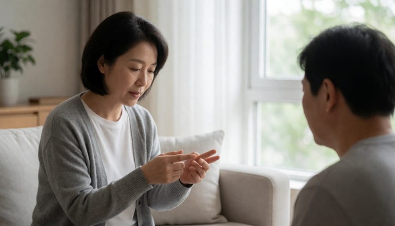 손가락 마디를 살펴보는 한국인 여성