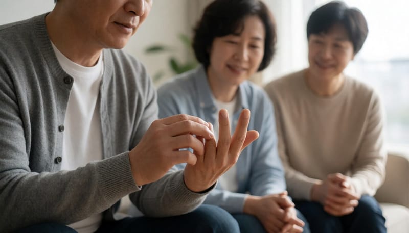 손가락 마디가 붓고 통증을 느끼는 한국인 중년 남성의 손 클로즈업