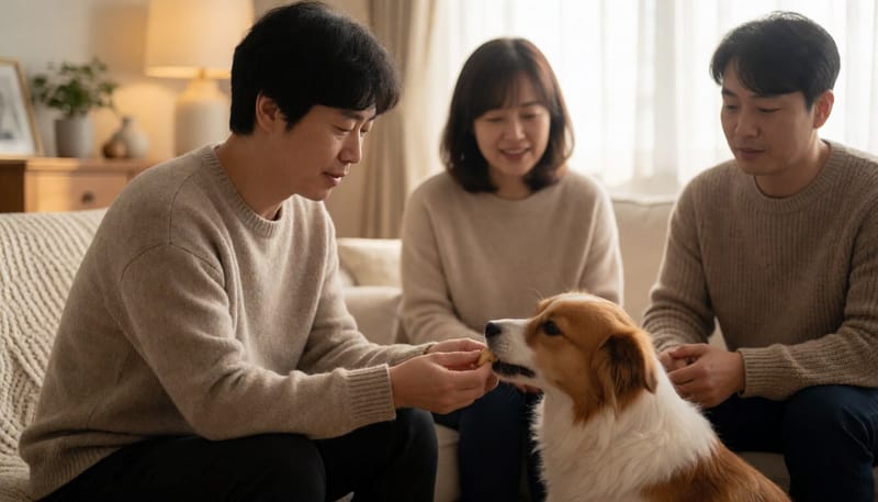 집에서 반려견에게 약을 챙겨 먹이는 보호자
