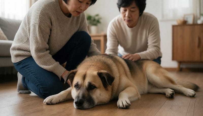 축 늘어져 바닥에 누워있는 반려견을 걱정스럽게 바라보는 보호자