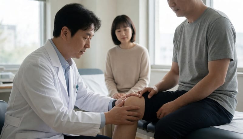 정형외과에서 무릎 상태를 진찰받는 모습