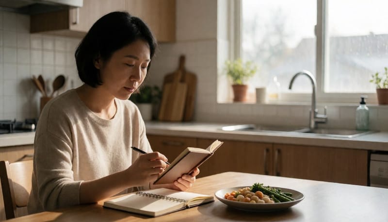 식단 기록을 살펴보며 고민하는 여성의 모습