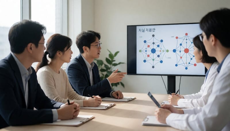연구진이 모여 신경망 자료를 논의하는 회의 모습