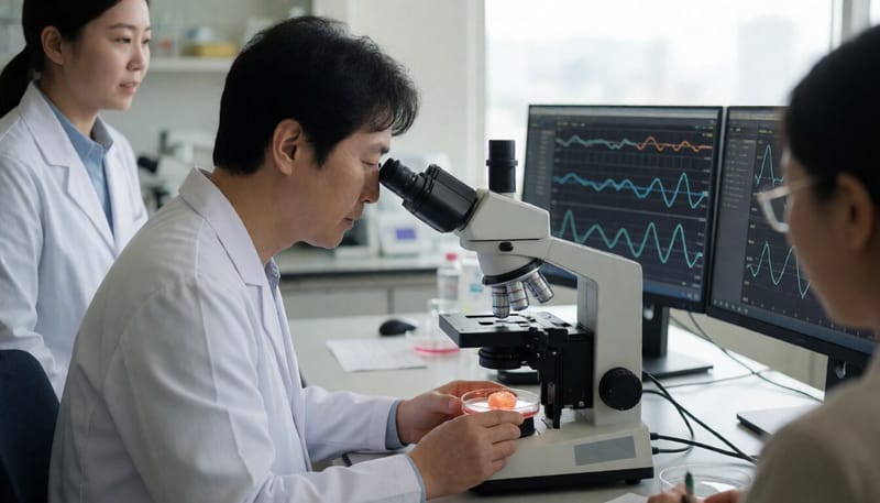 연구자가 현미경으로 뇌 오가노이드를 관찰하는 실험실 모습