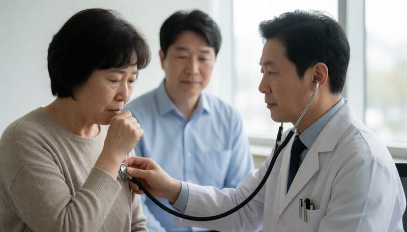 진료실에서 기침 증상을 진찰받는 환자와 의사