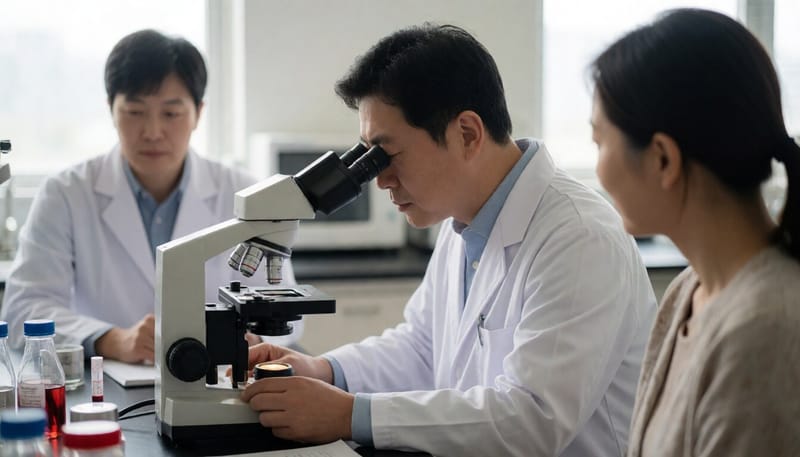 실험실에서 혈액 시료를 분석하는 연구원