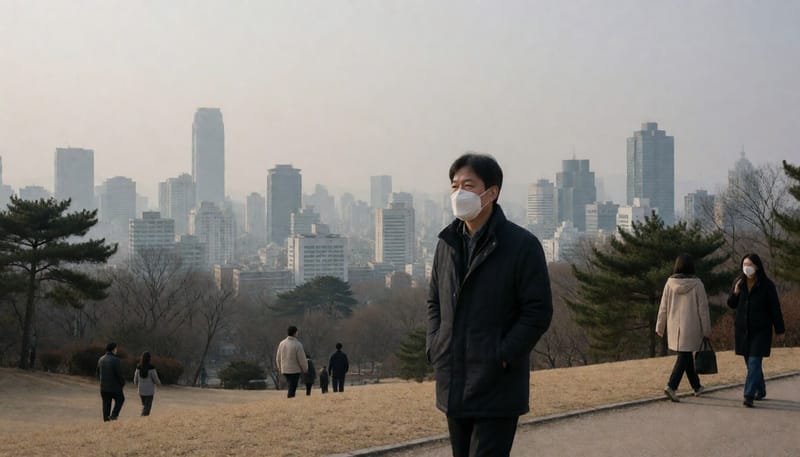 미세먼지가 자욱한 도심을 마스크를 쓰고 걷는 중년 남성