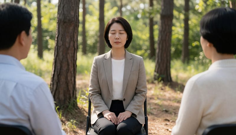 야외에서 심리 회복 프로그램에 참여하며 눈을 감고 호흡하는 여성의 모습
