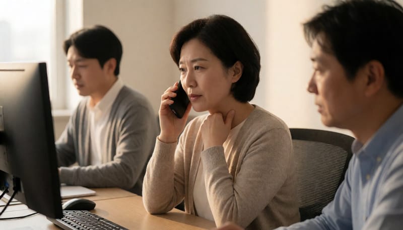 통화 중 목을 만지는 직장인 여성