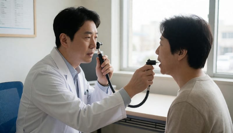 이비인후과에서 후두내시경 검사를 받는 모습