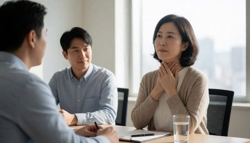 목을 만지며 불편해하는 여성의 모습