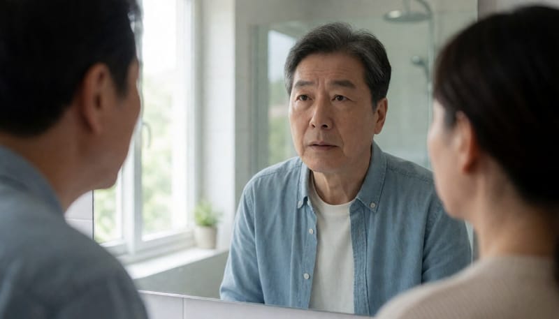 거울을 보며 처진 눈꺼풀을 살펴보는 남성의 모습