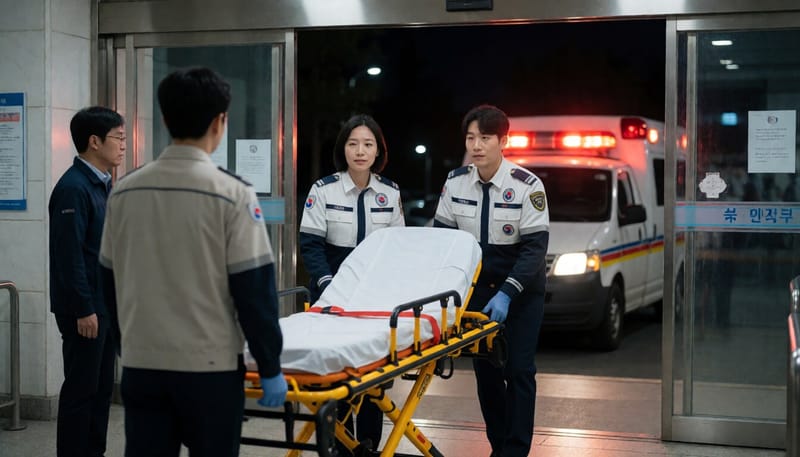 야간에 응급실로 환자를 이송하는 구급대원들의 모습