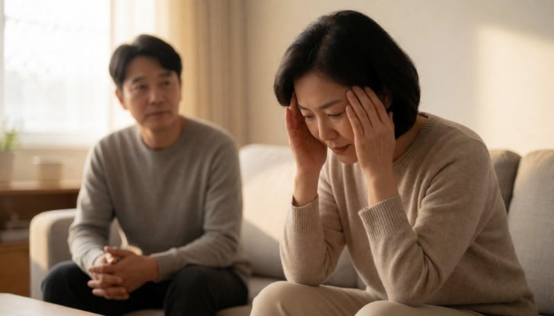 극심한 두통에 머리를 감싸쥔 채 괴로워하는 여성의 모습