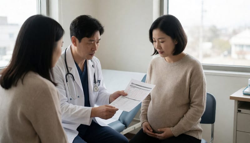 산부인과에서 혈액검사 결과를 확인하는 임신부와 의료진