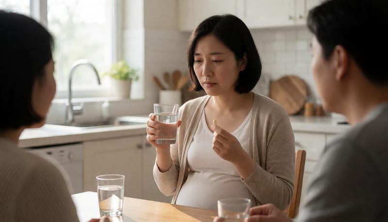 임신부가 식탁에서 물과 함께 철분제를 챙겨 먹는 모습