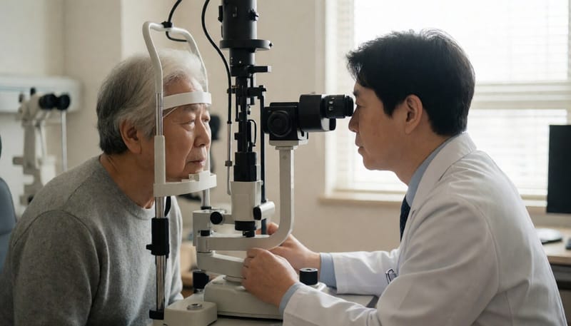 안과에서 세극등 검사로 눈 상태를 살피는 모습