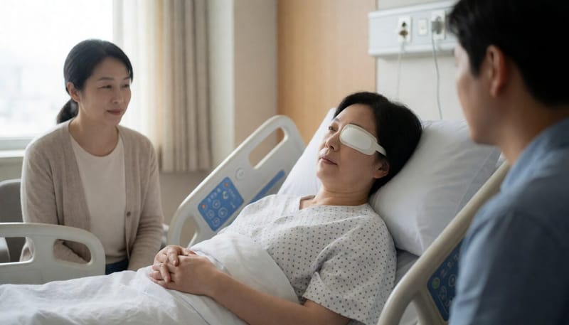 망막박리 수술 후 안대를 착용한 채 휴식하는 환자