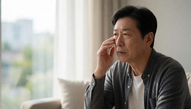 눈을 비비며 시야 이상을 느끼는 중년 남성의 모습