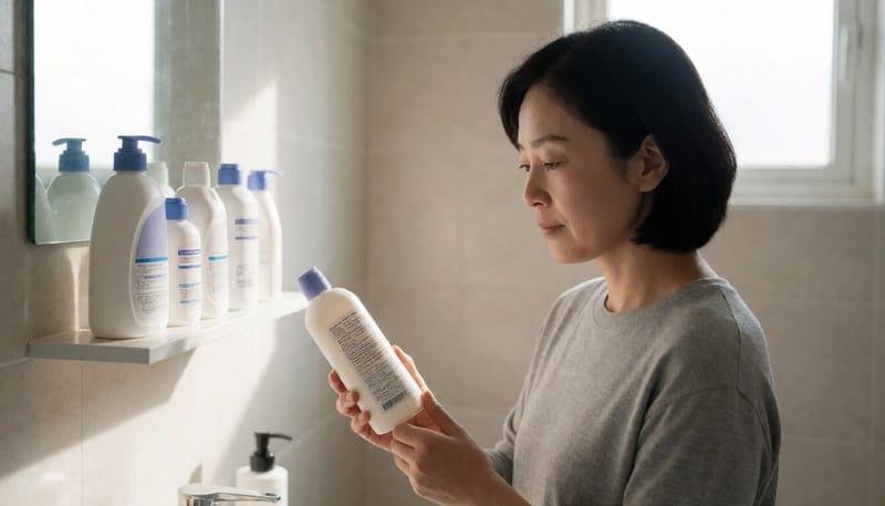 욕실에서 여성청결제를 살펴보는 여성